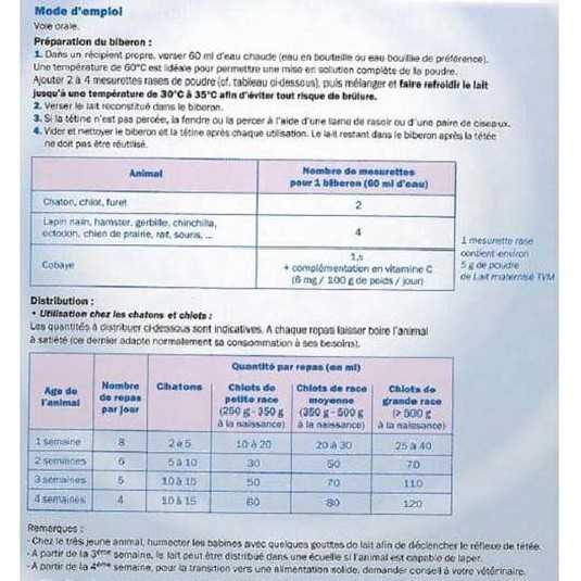 TVM lait maternise avec biberon et dosette pour chiots et chatons