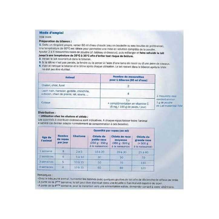 TVM lait maternise avec biberon et dosette pour chiots et chatons