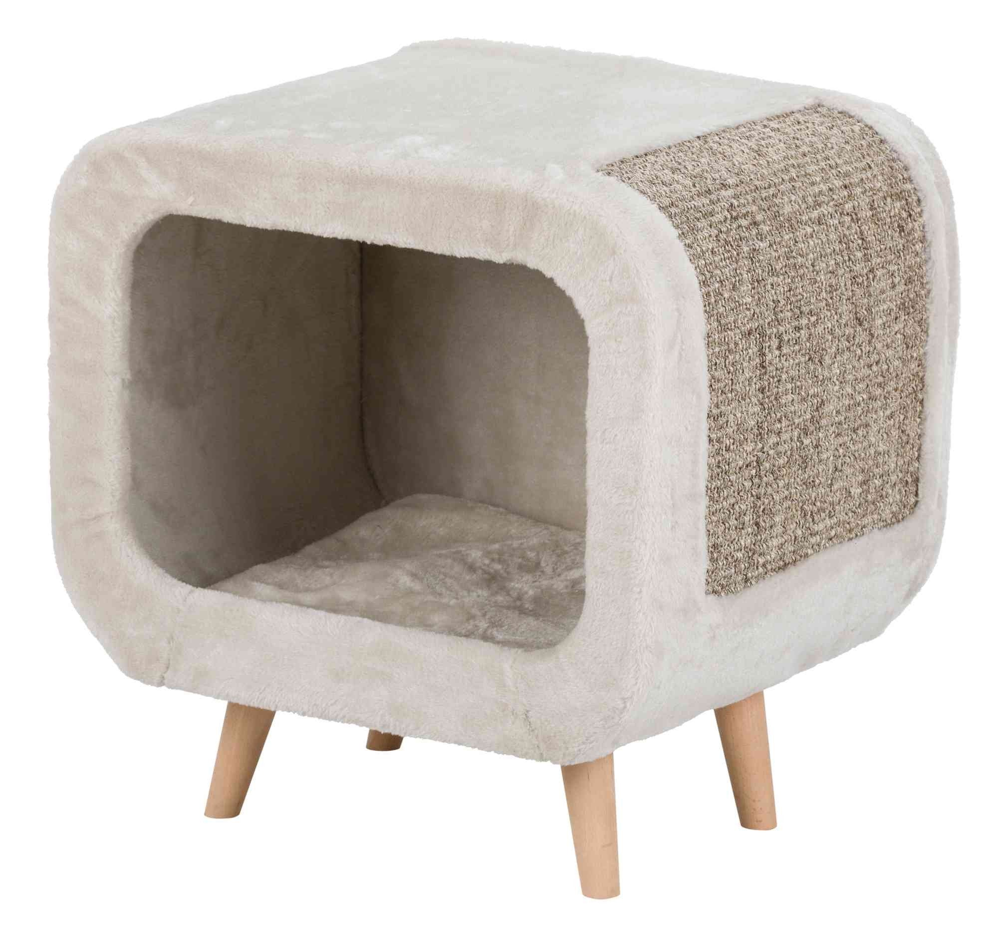 Abri douillet pour chat avec pieds en bois et griffoir